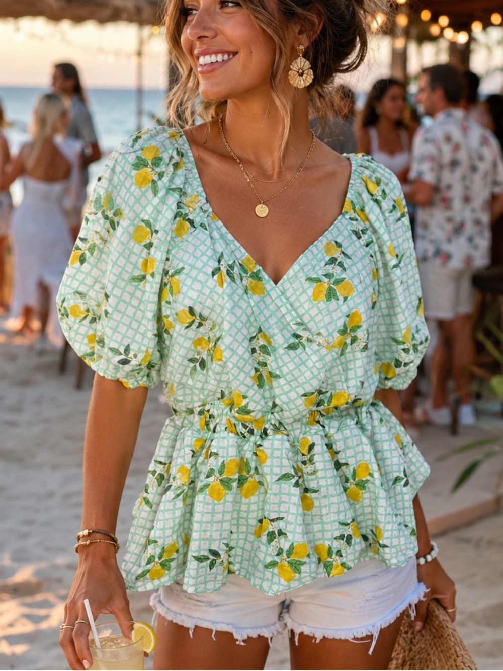 ARULA Mint Green Lemon-Print Peplum Tunic Plus Size, Cottage Core